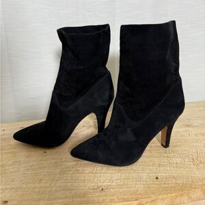 Vince Camuto Bristol Black Suede Boot | Heeled Pointed Toe, Mid-Calf, Size 6.5 M